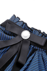 Blue/Black Striped Bow Ruffled Stand Collar Lace Jabot Short Puff Sleeves Front Button‑Up Women's Gothic Blouse - Product - 13