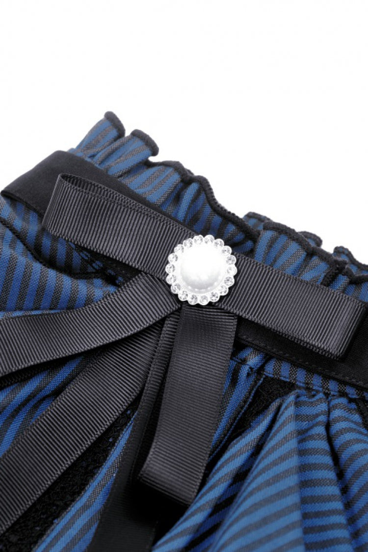 Blue/Black Striped Bow Ruffled Stand Collar Lace Jabot Short Puff Sleeves Front Button‑Up Women's Gothic Blouse - Product - 13
