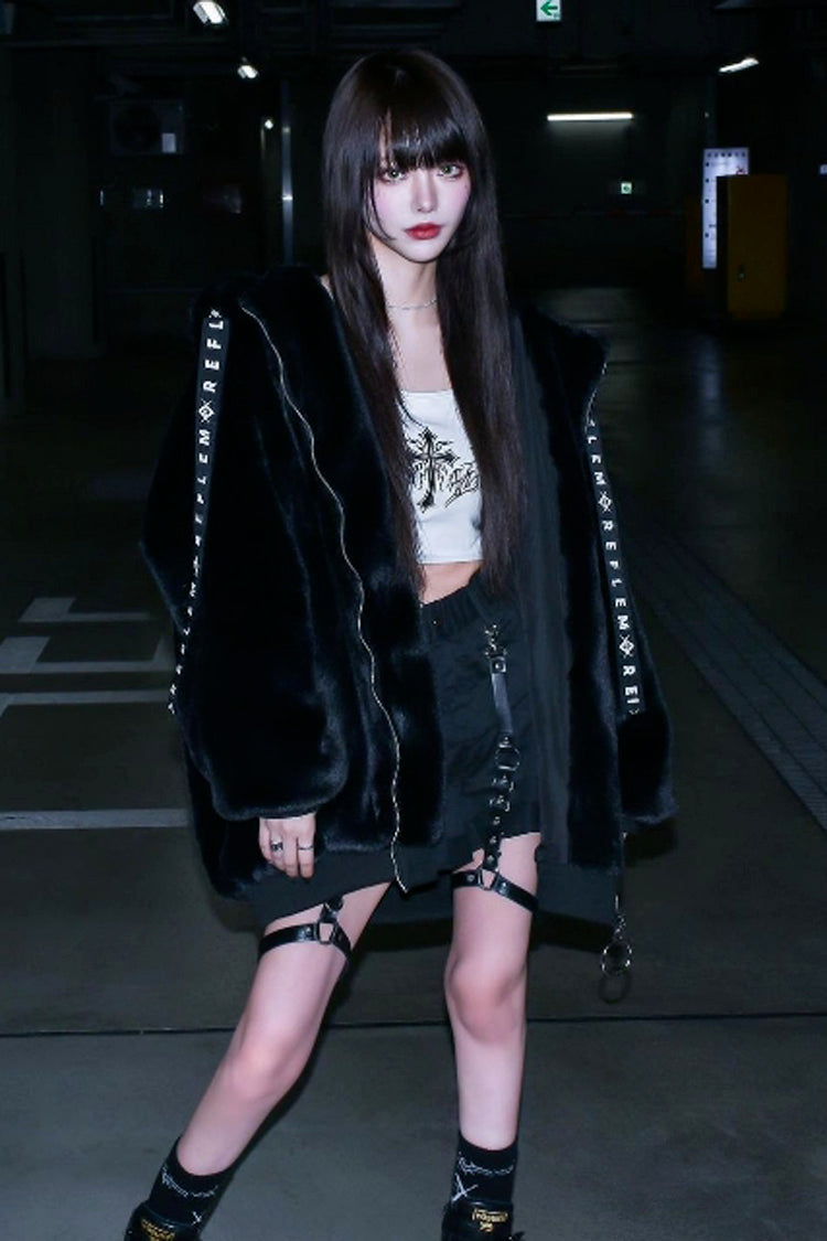 Black Rabbit Ears Long Sleeves Hooded Punk Jirai Kei Coat - Product - 2