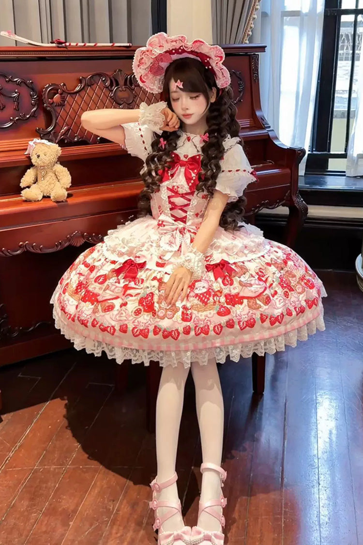 Red/Pink [Sweet Berry Bunny Bear] Printed Bow Lace Lace-Up Sweet Lolita Jsk Dress - Product - 4