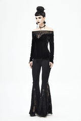 Black Velvet Off Shoulder Long Sleeve Mesh Collar Chest Flocking Pattern Women's Punk T-Shirt - Product - 5