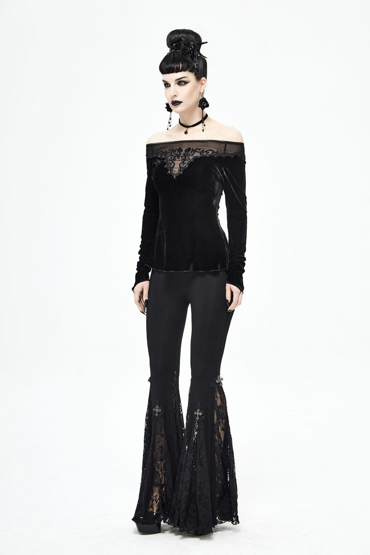 Black Velvet Off Shoulder Long Sleeve Mesh Collar Chest Flocking Pattern Women's Punk T-Shirt - Product - 5