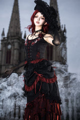 Black/Red [Rotten Bone Flower] Sleeveless Ruffled Embroidered Lace-Up Gothic Lolita Skirt Dress Set - Product - 4