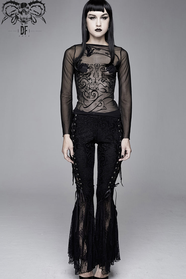 Black Mesh Horn Sleeve Snake Flocking Printed Women's Gothic Shirt - Product - 5