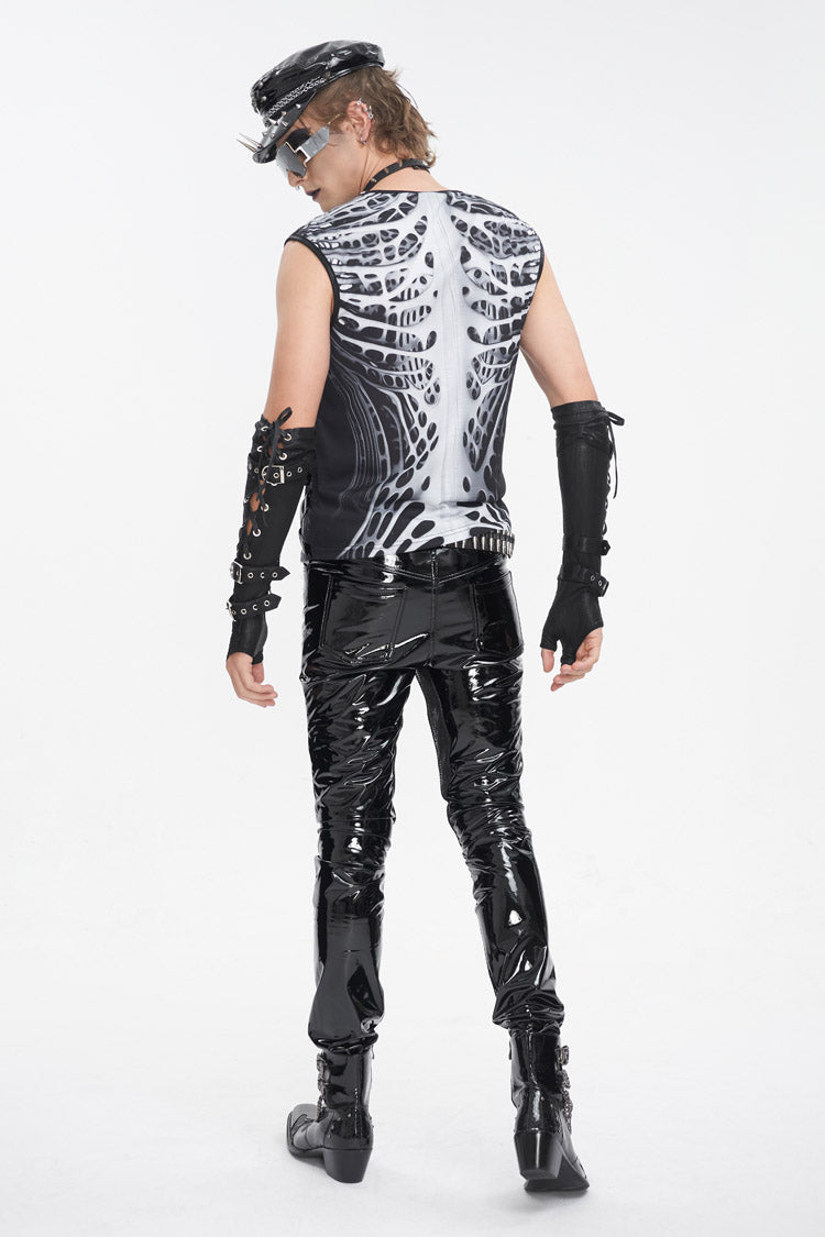 Black/White Round Collar Print Hollow Men's Punk Vest - Product - 4