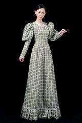 Dark Green Long Sleeves Plaid Print High Waisted Ruffled Victorian Lolita Prom Dress - Product - 4