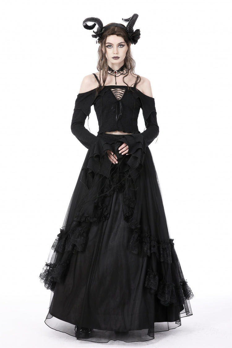 Black Off Shoulder Long Trumpet Sleeves Lace-Up Women's Gothic Sexy Crop Top - Product - 11