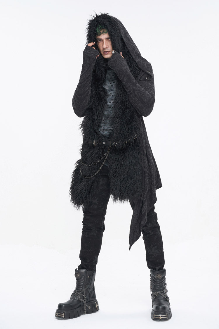 Black Lrregular Back Multi Chain Long Men's Gothic Coat With Hood - Product - 5