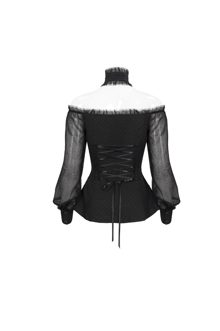Black Long Sleeve Lace Trim Panel Woven Adjustable Back Women's Gothic T-Shirt - Product - 7