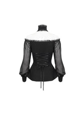 Black Long Sleeve Lace Trim Panel Woven Adjustable Back Women's Gothic T-Shirt - Product - 7