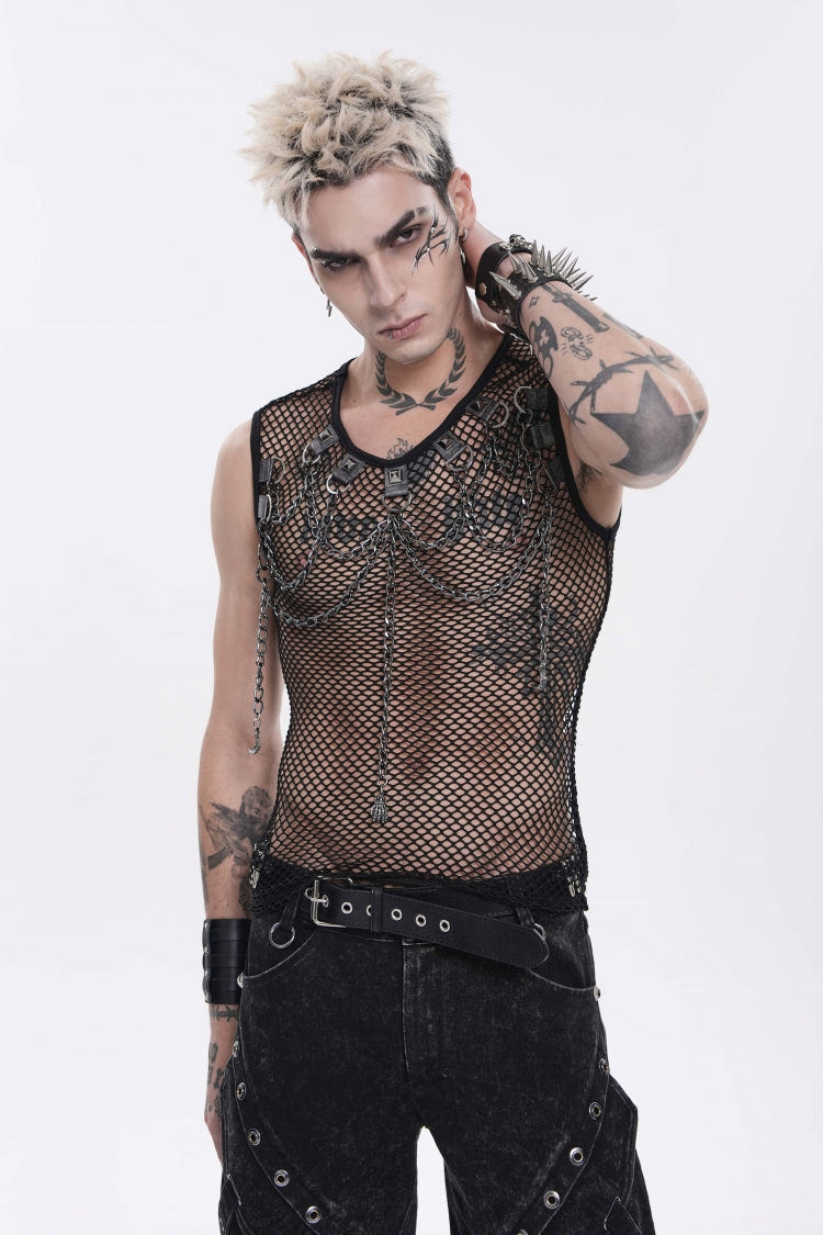 Black Round Collar Sleeveless Slim Sheer Mesh Studded Eyelet Men's Punk Handsome Vest - Product - 9