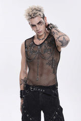 Black Round Collar Sleeveless Slim Sheer Mesh Studded Eyelet Men's Punk Handsome Vest - Product - 9