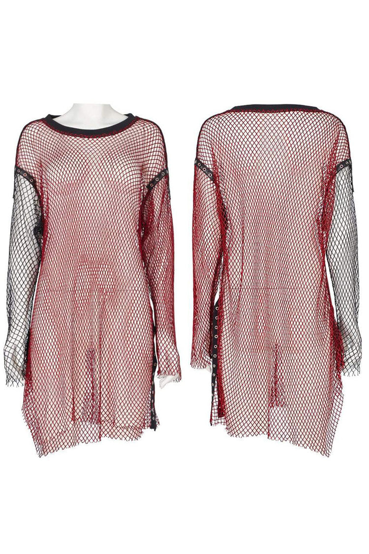 Red Punk Daily Comfortable Perspective Mesh Design No Elasticity Asymmetrical Hem Metal Grommets On Shoulders Long Womens Shirt - Product - 4