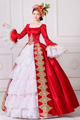 Hime Sleeves High Waisted Square Collar Embroidery Flower Print Victorian Lolita Prom Dress - Red - 7