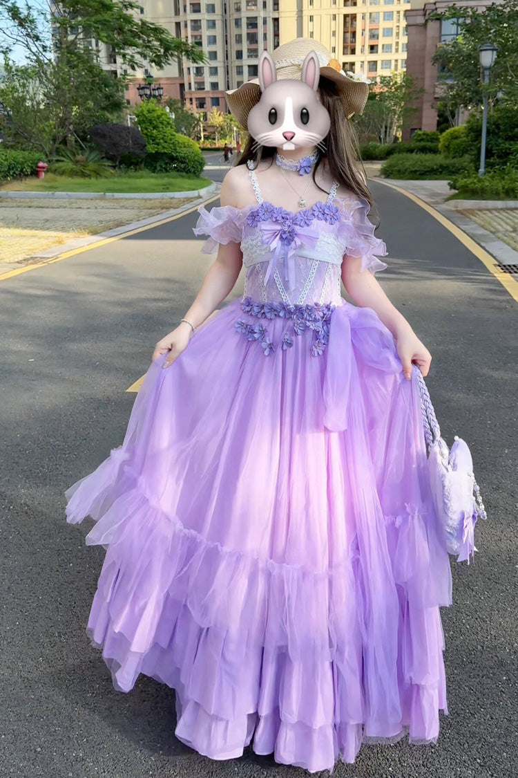Purple [Wisteria] Sleeveless Multi-Layered Ruffled Hanayome Bow Sweet Plus Size Princess Lolita Dress - Product - 5
