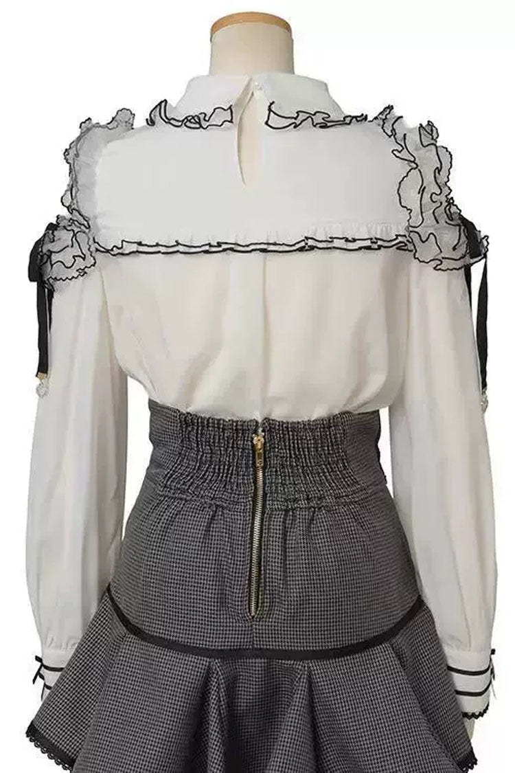 Sweet Lapel Collar Off Shoulder Long Sleeves High Waisted Printed Bow Lolita Skirt Blouse Set - Product - 3