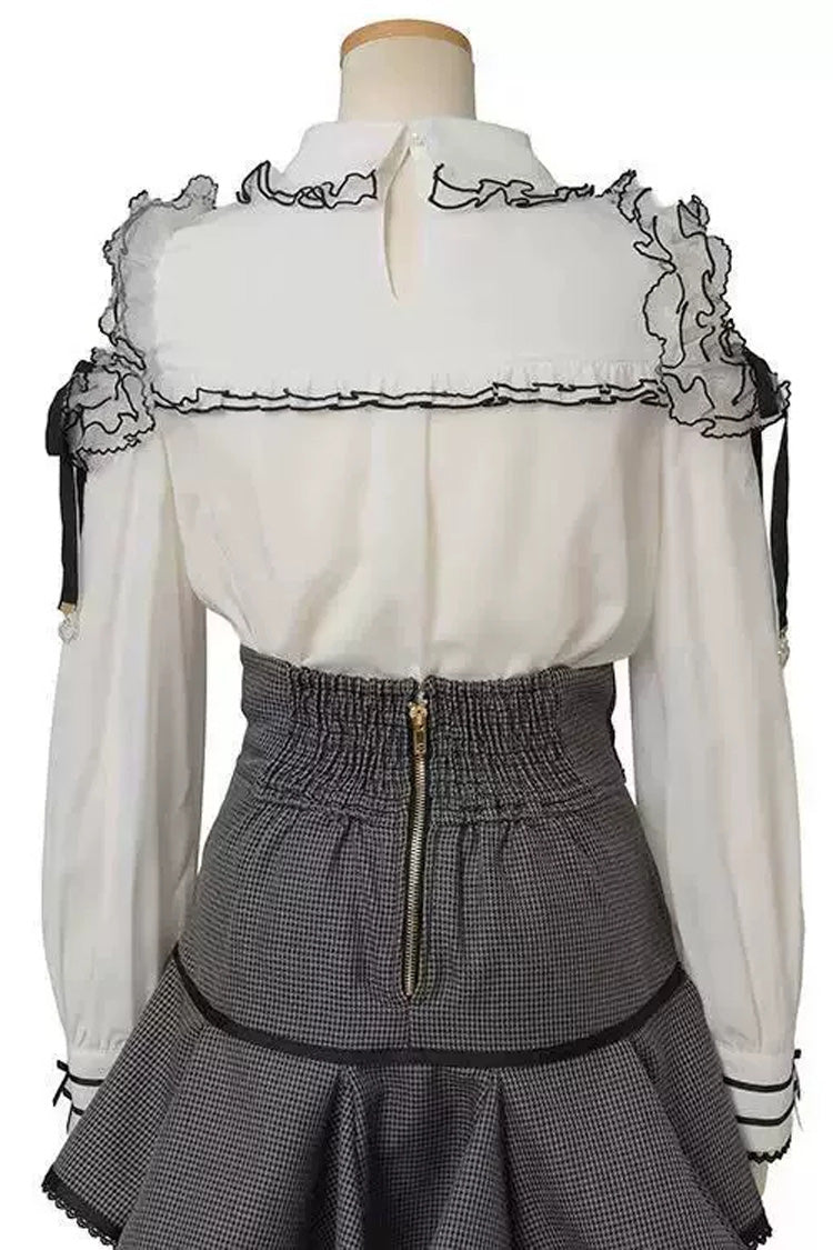 Sweet Lapel Collar Off Shoulder Long Sleeves High Waisted Printed Bow Lolita Skirt Blouse Set - Product - 3