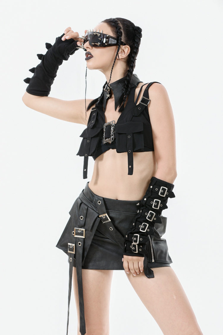 Black Halterneck Buckled Women's Punk Utility Vest - Product - 8