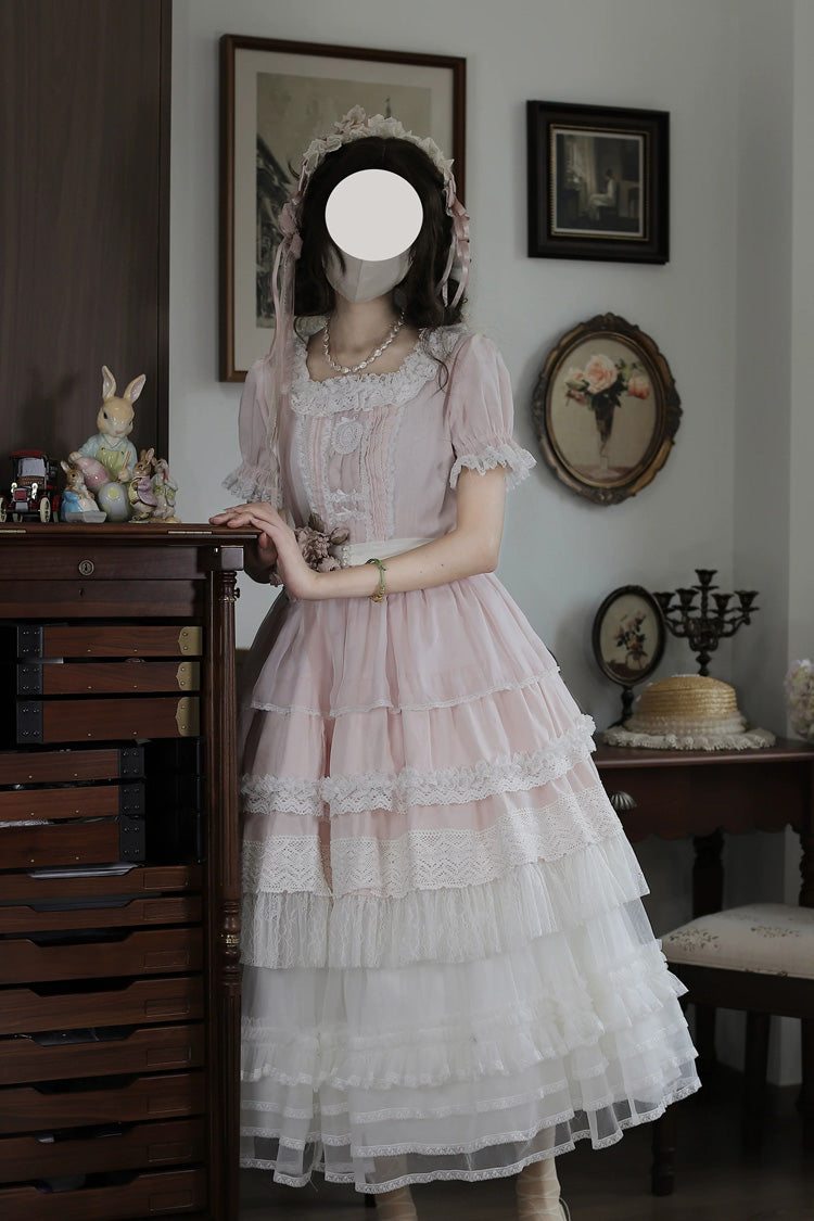 Pink [Vintage Ball 3.0] Square Collar Short Sleeves Lace Pearl Detail Sweet Lolita Dress - Product - 6