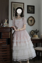 Pink [Vintage Ball 3.0] Square Collar Short Sleeves Lace Pearl Detail Sweet Lolita Dress - Product - 6