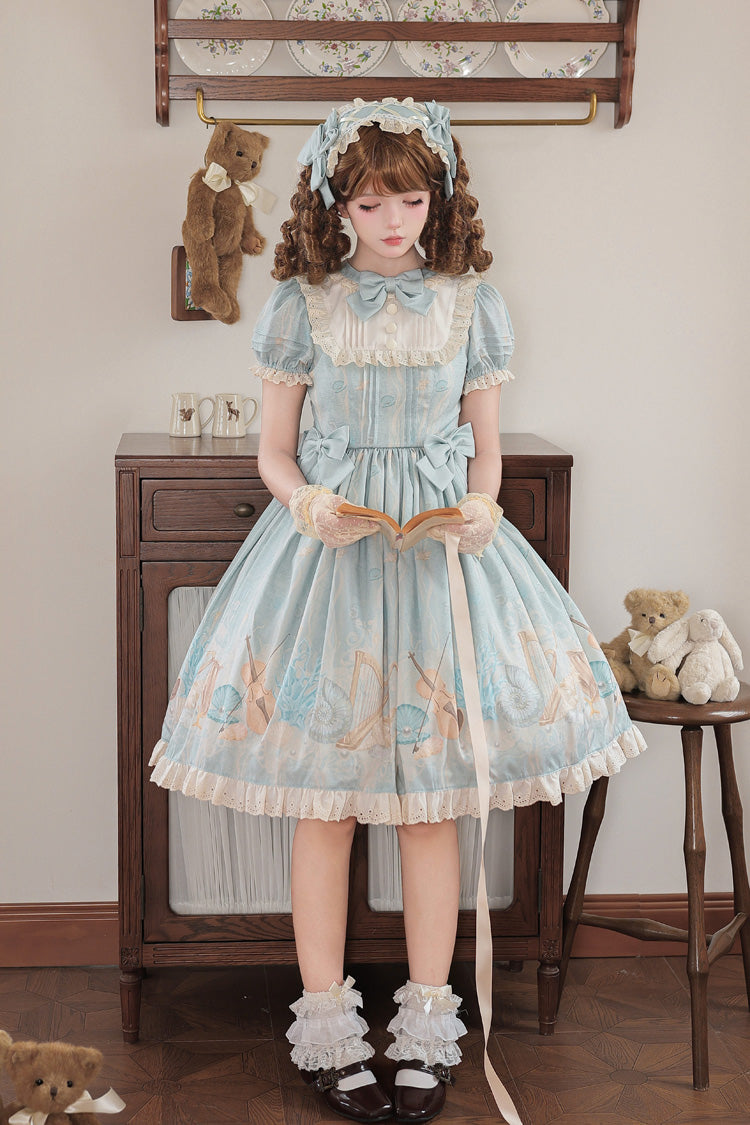 Blue [Underwater Concert] Round Collar Short Sleeves Printed Ruffled Bow Sweet Lolita Dress - Product - 2