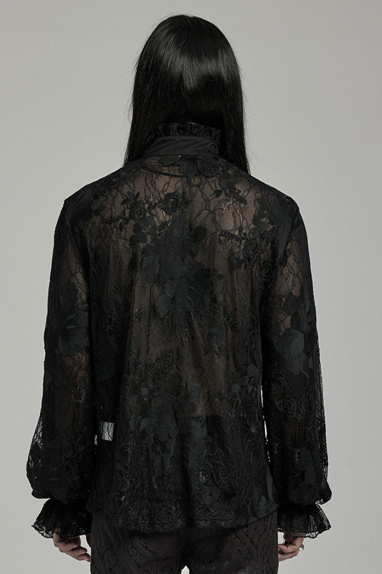Black Stand Collar Lantern Sleeves Print Ruffle Lace Men's Gothic Blouse - Product - 3