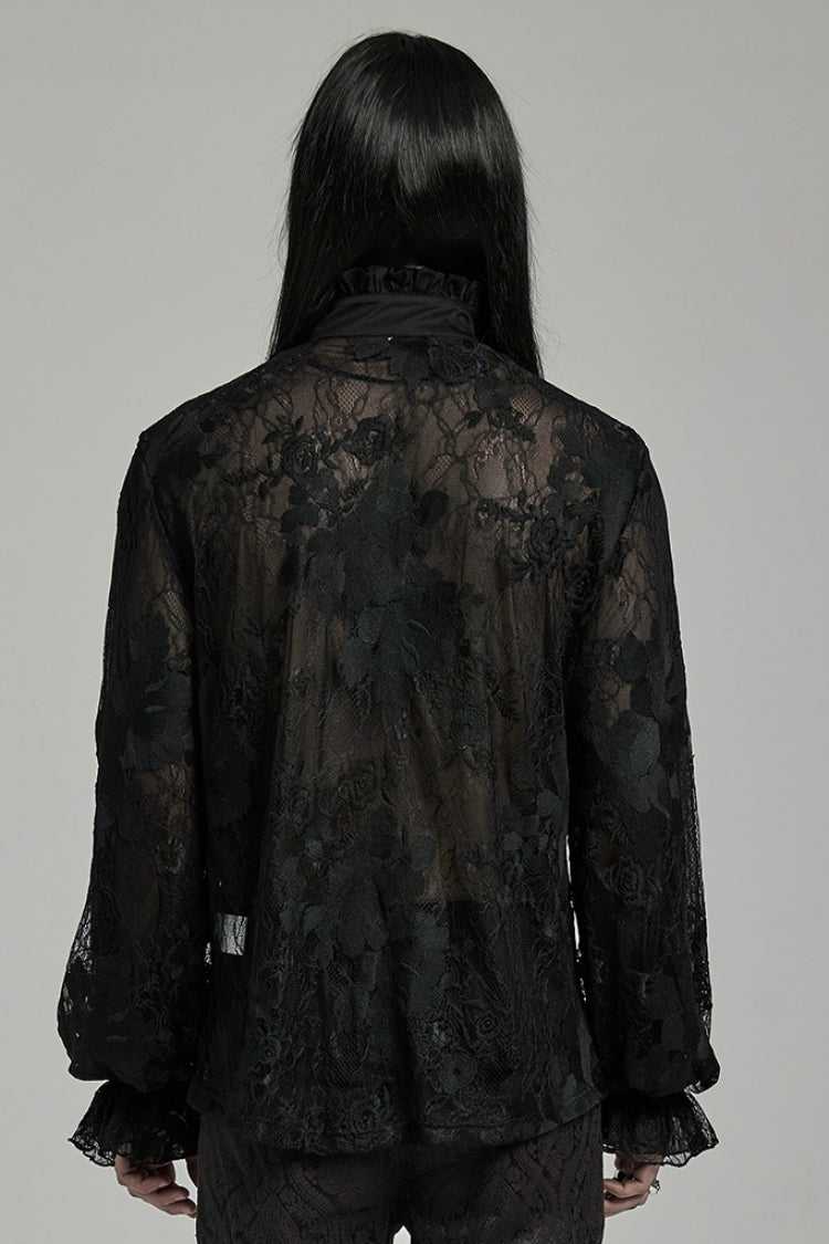 Black Stand Collar Lantern Sleeves Print Ruffle Lace Men's Gothic Blouse - Product - 3
