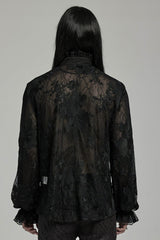 Black Stand Collar Lantern Sleeves Print Ruffle Lace Men's Gothic Blouse - Product - 3