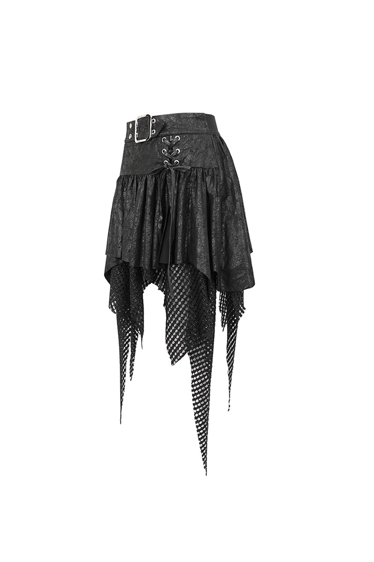 Black Lrregular Mesh Splice Buckle Women's Gothic Skirt - Product - 7