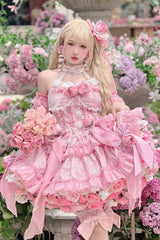 Gem Princess Fish Bone Detached Hime Sleeves Sweet Lolita Princess Dress Set 2 Colors - Pink - 3