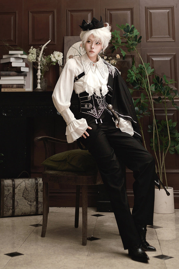 Black/White Embroidery Asymmetric Gothic Prince Handsome Ouji Lolita Set - Product - 3