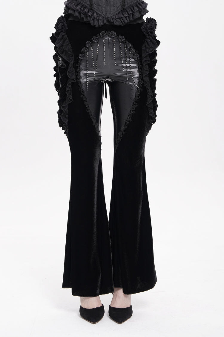 Black Ruffled Spliced Women's Gothic Floral Faux Leather&Velvet Ruffle Pants - Product - 8