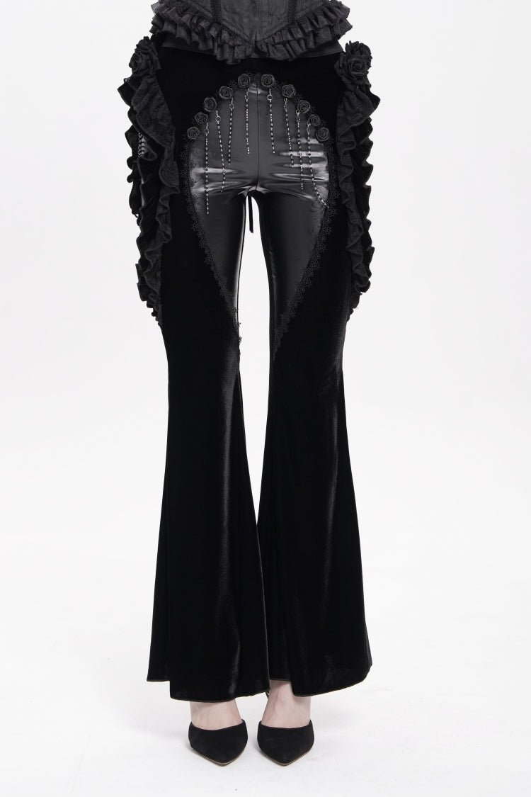 Black Ruffled Spliced Women's Gothic Floral Faux Leather&Velvet Ruffle Pants - Product - 8