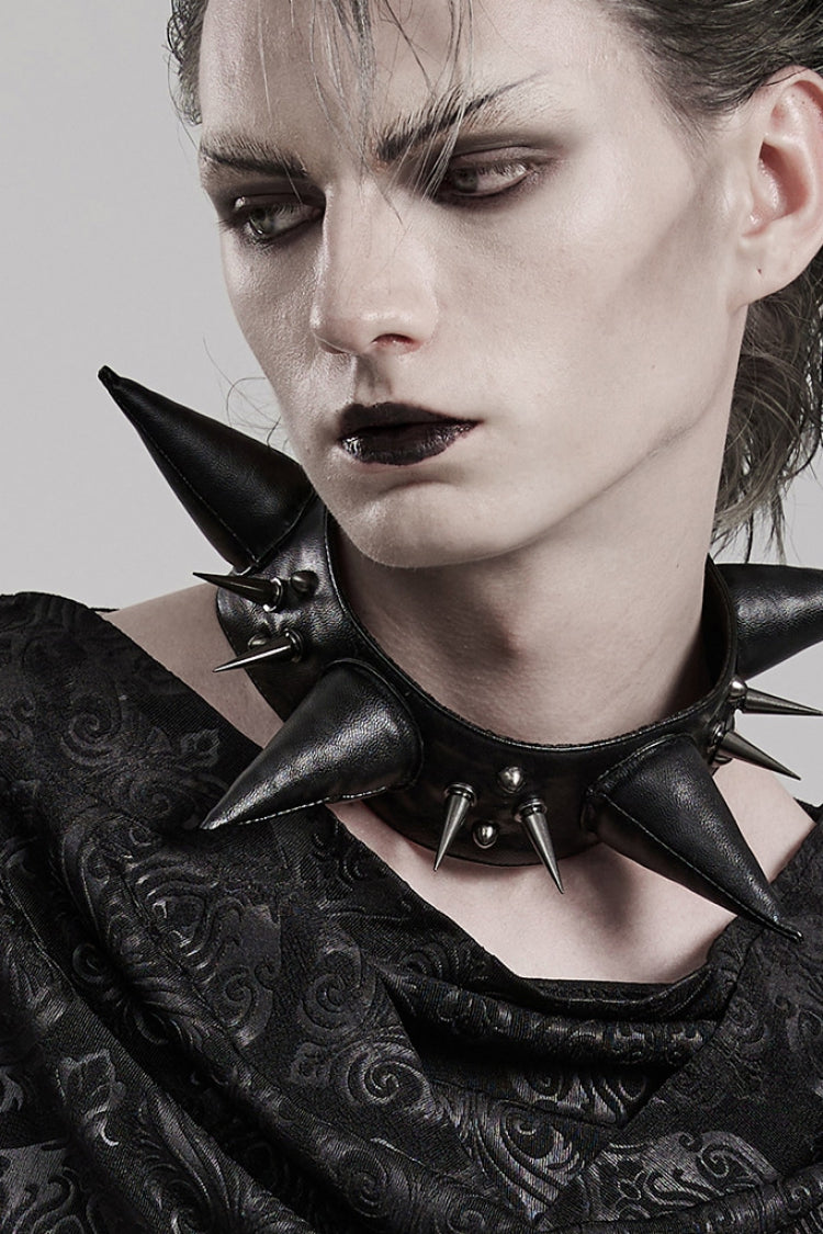 Black Cracked Leather Metal Nail Decoration Men's Steampunk Pointed Choker - Product - 3