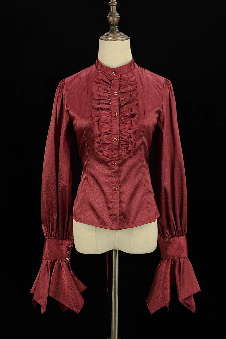 Black/Red [Moonlit Return] Jacquard Printed Lace-Up Gothic Elegant Ouji Lolita (Blouse/Pants/Shorts/Vest) - Blouse(Only) - 9
