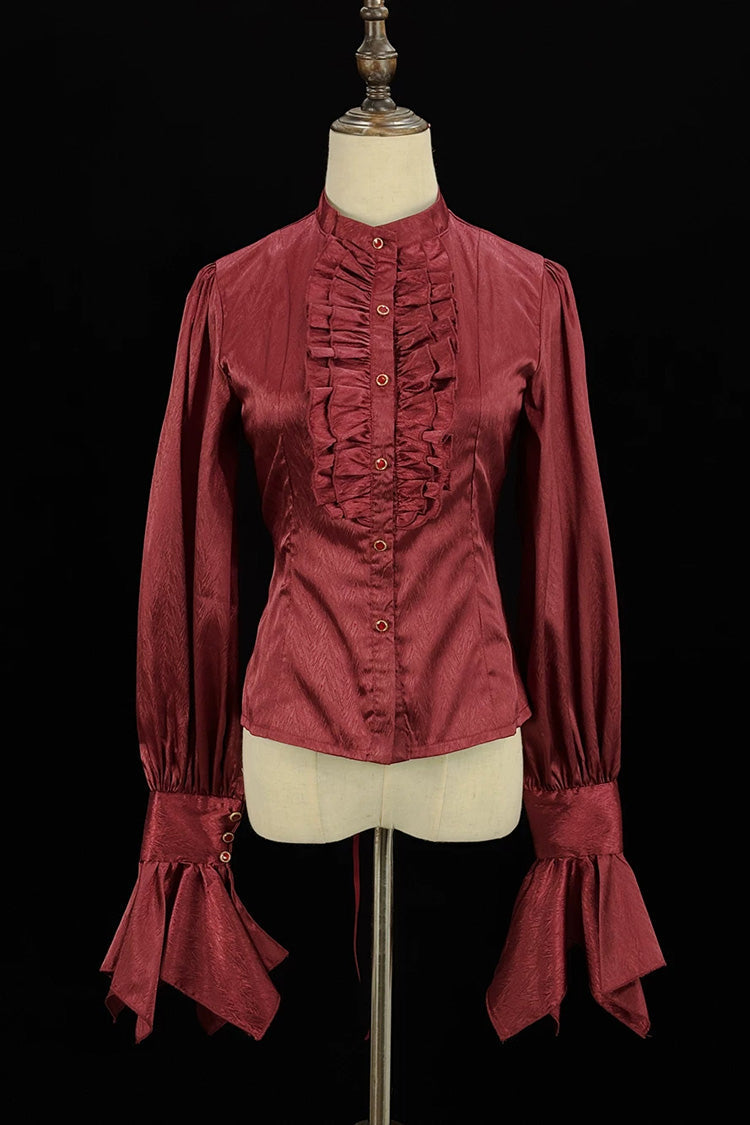 Black/Red [Moonlit Return] Jacquard Printed Lace-Up Gothic Elegant Ouji Lolita (Blouse/Pants/Shorts/Vest) - Blouse(Only) - 9