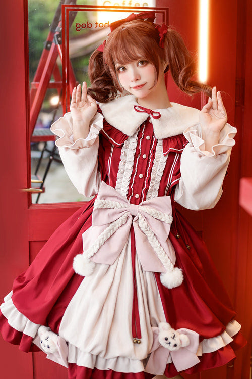 Red Round Collar Ruffled Long Lantern Sleeves Sweet Lolita OP Dress - Product - 3