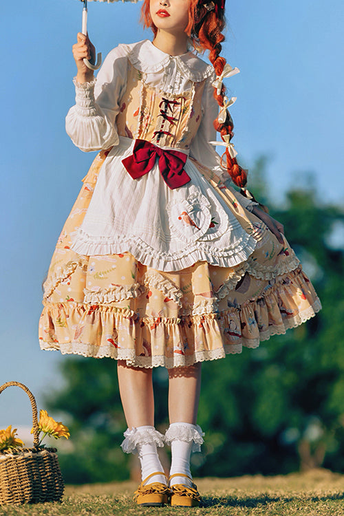 Yellow Pastoral Print Ruffled High Waist Sweet Lolita JSK Dress - Yellow - 1