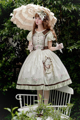 Green/Ivory [Lily] Short Sleeves Print Ruffle Embroidery Bowknot Lace Sweet Elegant Lolita Dress - Product - 5