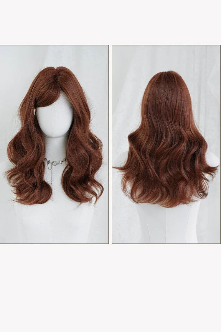 Sunset Orange Brown Natural Fluffy Medium Length Curly Sweet Lolita Wig with Side Bangs - Product - 8