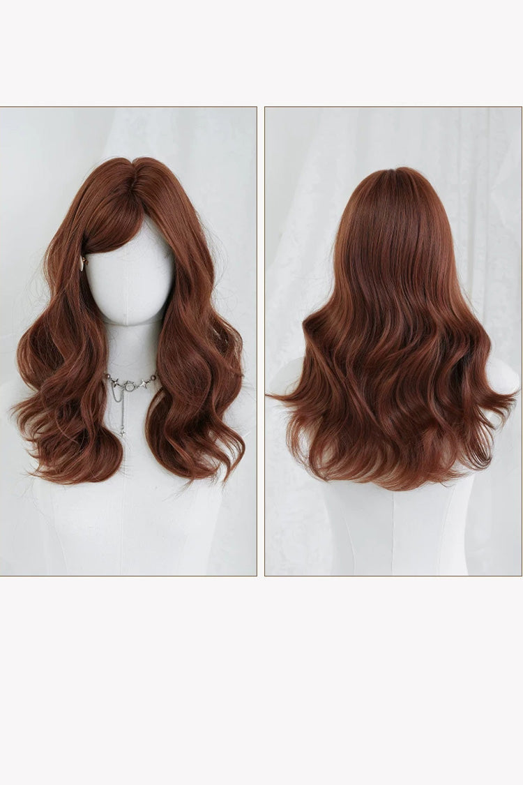 Sunset Orange Brown Natural Fluffy Medium Length Curly Sweet Lolita Wig with Side Bangs - Product - 8