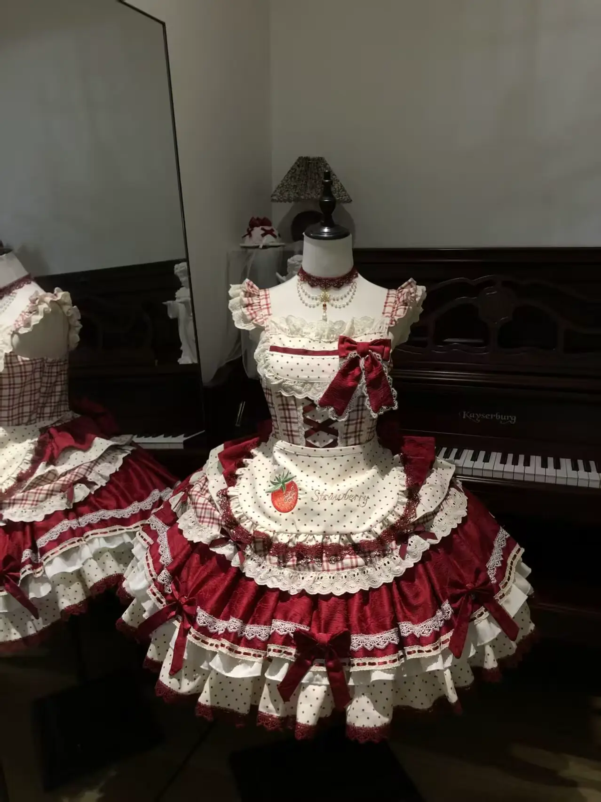 Burgundy and Cream Strawberry Plaid Ruffled Sweet Lolita Dress with Apron Bow Accent - view 4