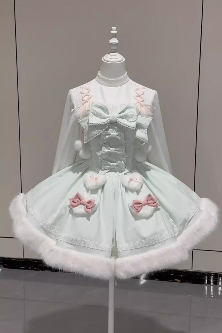 [Sweet Dream Bunny] Furry Bowknot Sweet Lolita Dress 2 Colors and 2 Versions - Green - 8