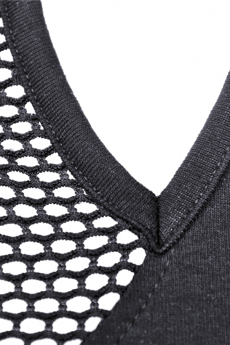 Black Off Shoulder Long Sleeves Lace-Up Chest Straps Sheer Mesh Women's Punk Top - Product - 16