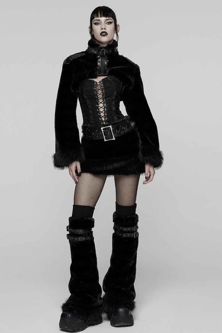Black Stand Collar Long Sleeves Buckle Straps Faux Fur Women's Punk Short Cloak - Product - 4