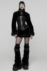 Black Stand Collar Long Sleeves Buckle Straps Faux Fur Women's Punk Short Cloak - Product - 4