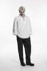 White Lapel Collar Long Lantern Sleeves Printed Embroidered Men's Gothic Shirt - Product - 5