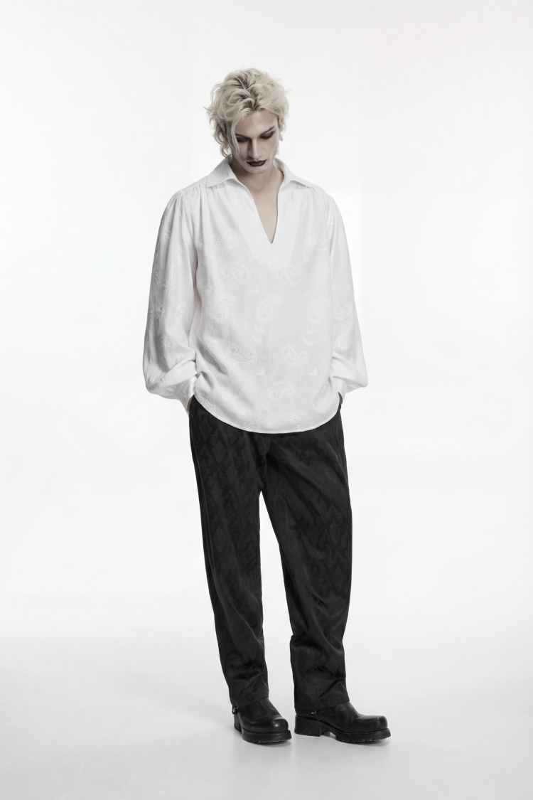 White Lapel Collar Long Lantern Sleeves Printed Embroidered Men's Gothic Shirt - Product - 5