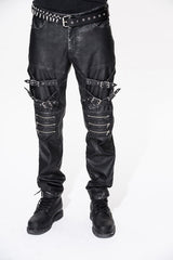 Black Punk Rock Biker Multi Loops Silver Zipper Hand Rubbed Leathers Mens Pants - Product - 3
