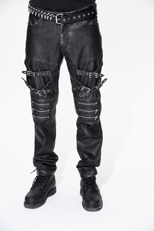 Black Punk Rock Biker Multi Loops Silver Zipper Hand Rubbed Leathers Mens Pants - Product - 3